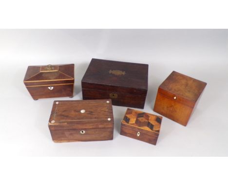 Five various 19th century boxes to include a sarcophagus tea caddy, a marquetry box, a satinwood tea caddy with fitted interi