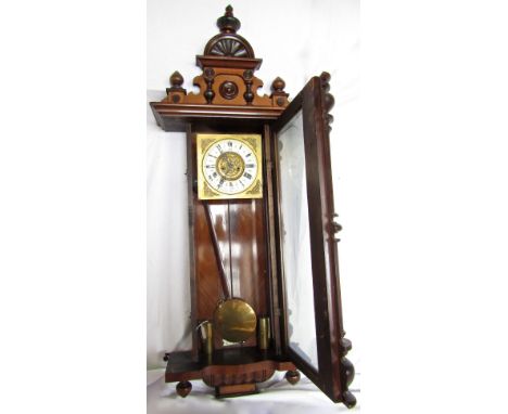 Vienna regulator type wall clock, the architectural dial with gilt faced movement and enamel chapter ring, 125cm high, pendul