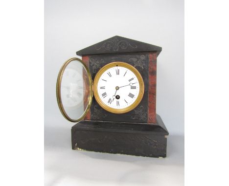 19th century black slate single train mantel clock, 26cm high