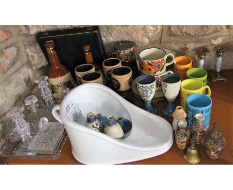 A collection of ceramics and glassware including studio pottery goblets, four Prince of Wales 1969 Investiture commemorative 