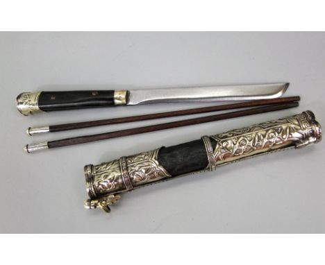 Interesting leather and metal applied chopstick holder, with twin chopsticks and knife, 25cm long