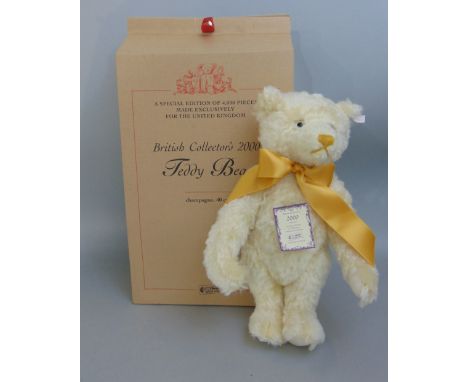 Steiff British collectors bear for the year 2000, champagne body, 40cm long, limited to 4000, with box and certificate 02994