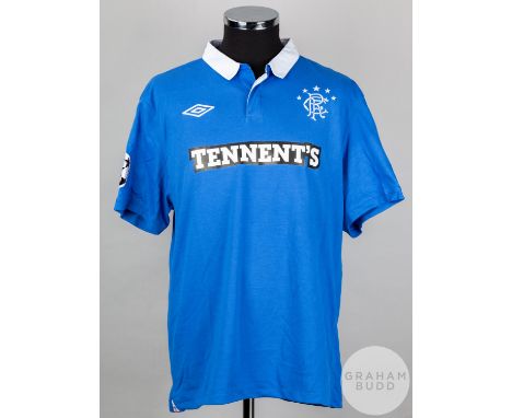 Kirk Broadfoot blue and white No.4 Rangers Champions League short-sleeved shirt, 2010-11, Umbro, XL with button-up collar and