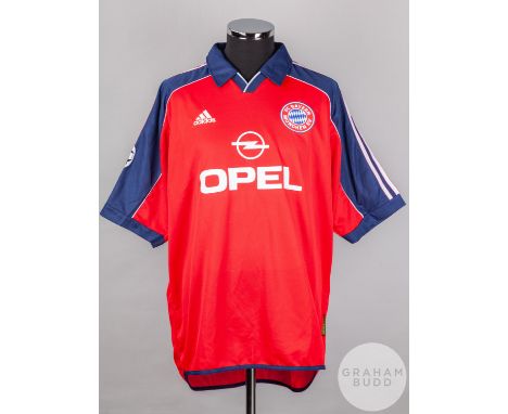 Mario Basler red and blue No.14 Bayern Munich short-sleeved shirt, 1999, Adidas, XL with v-neck collar and embroidered cloth 