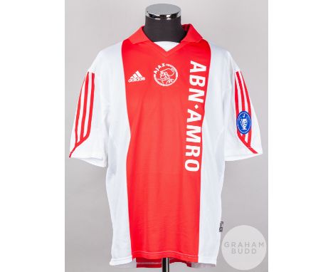 Shota Arveladze red and white No.14 Ajax short-sleeved shirt, 2001-02, Adidas, XL with v-neck collar and embroidered badge in