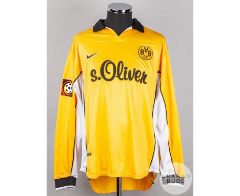 Jurgen Kohler yellow, white and black No.5 Borussia Dortmund long-sleeved shirt, 1998-99, Nike, XL with v-neck collar and spo