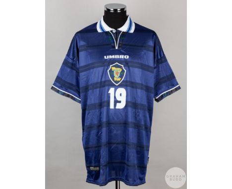 Blue and white No.19 Scotland international short-sleeved shirt, 1998-2000, Umbro, XL with button-up collar and embroidered c