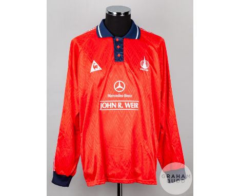 David Moss red and blue No.10 Falkirk long-sleeved shirt, 1998, Le Coq Sportif, 46/48 with button-up collar and embroidered b