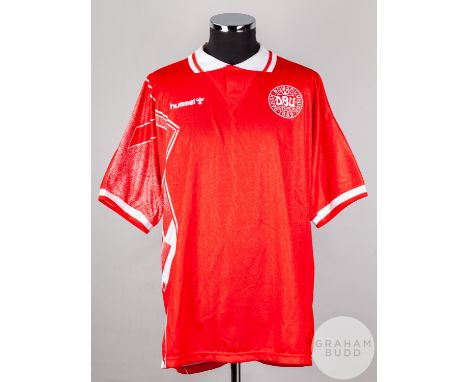 Brian Laudrup red and white No.11 Denmark short-sleeved shirt, 1994, Hummel, XL with button-up collar and printed badge  The 