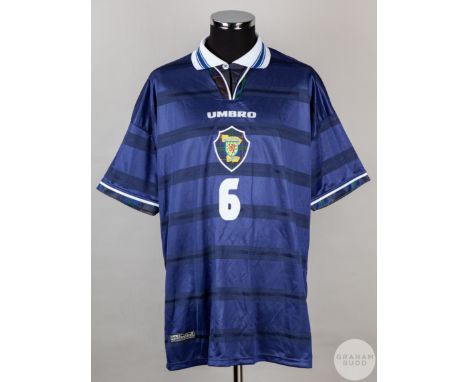 Blue and white No.6 Scotland international short-sleeved shirt, 1998-2000, Umbro, XL with button-up collar and embroidered cl
