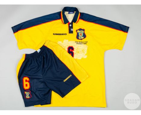 Tosh McKinlay yellow and blue No.6 Scotland v. Norway match issued 1998 World Cup short-sleeved shirt, Umbro, XL with button-