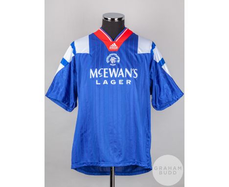 John Brown blue, white and red No.6 Rangers short-sleeved shirt, 1992-94, Adidas, 44/46 with v-neck collar and embroidered ba