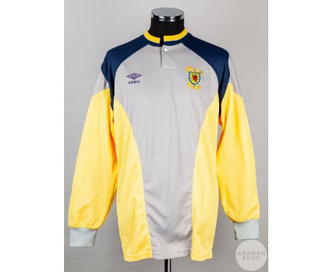 Andy Goram grey, yellow and blue No.12 Scotland goalkeeper shirt, 1990, Umbro, Large with button-up collar and embroidered ba