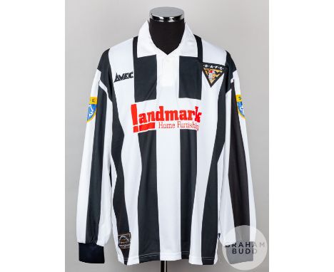 White and black No.8 Dunfermline Athletic long-sleeved shirt, 1997-98, Avec, L with button-up collar and embroidered cloth ba