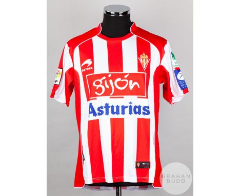 Nacho Novo, red and white No.10 Sporting De Gijon short-sleeved shirt, 2009-10, Astore, M with crew-neck collar and embroider