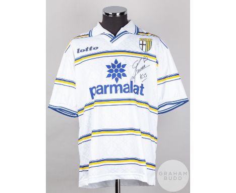 Lilian Thuram white, yellow and blue No.21 Parma short-sleeved, 1995-96, Lotto, XL with v-neck collar and embroidered cloth b