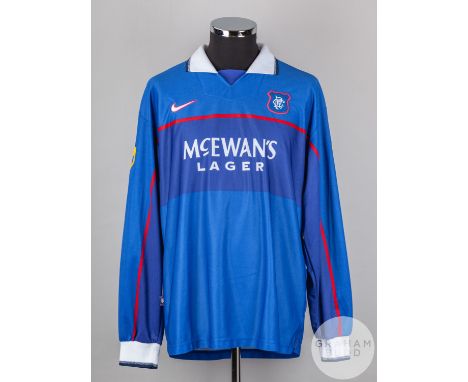 Brian Laudrup blue and white No.11 Rangers long-sleeved shirt, 1997-98, Nike, XL with v-neck collar and embroidered badge ins