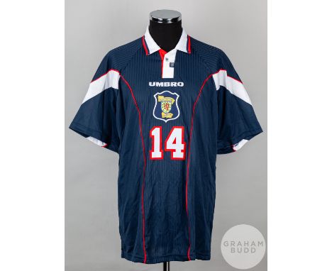 Blue and white No.14 Scotland international short-sleeved shirt, 1996-98, Umbro, XL with button-up collar and embroidered clo