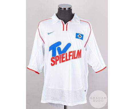 Jorg Albertz white and red No.10 Hamburg short-sleeved shirt, 2001-02, Nike, XL with v-neck collar and embroidered cloth badg