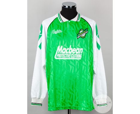 Green and white No.5 Hibernian long-sleeved shirt, 1992-94, Bukta, 46-48 with button-up collar and embroidered cloth badge in