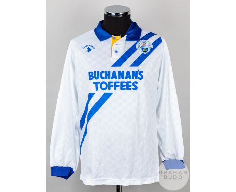 Blue and white No.16 Greenock Morton long-sleeved shirt, 1989-90, Matchwinner, 42-44 with button-neck collar and printed 