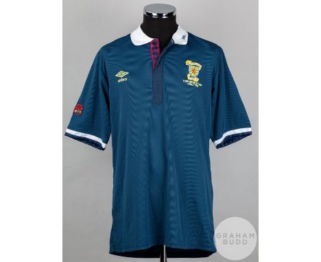 Dave McPherson blue No.19 official Scotland Italy 90 short-sleeved shirt, Umbro, L with button-up collar and embroidered clot