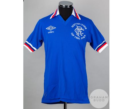 Alex Miller blue No.12 Rangers v. Aberdeen Scottish League Final first half short-sleeved shirt, 1979, Umbro, 38/40in with v-