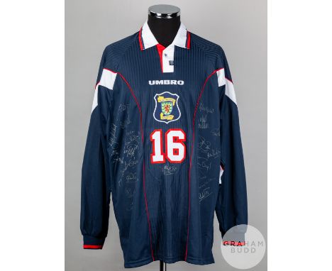 Blue No.16 official Scotland long-sleeved shirt, 1996-98, Umbro, XL with button-up collar and embroidered cloth badge inscrib