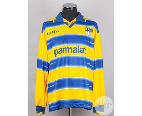 Roberto Sensini yellow and blue No.6 Parma v. Rangers long-sleeved shirt, 1998, Lotto, XLUmbro, XL with v-neck collar and emb