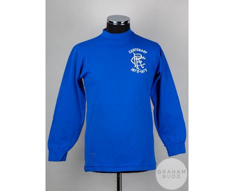 Alex Miller un-numbered blue Rangers long-sleeved shirt, 1973, Umbro with crew-neck collar and embroidered badge inscribed RF