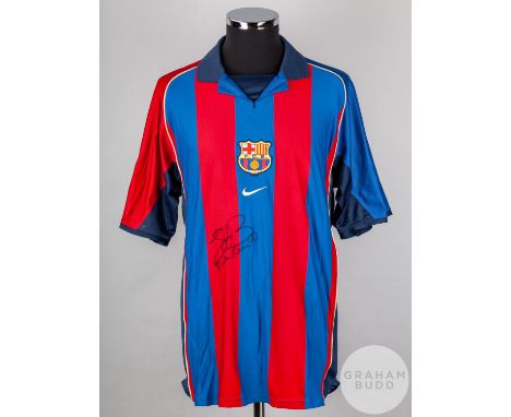 Frank De Boer, garnet and blue No.3 Barcelona Champions League short-shirt, 2001-02, Nike, L with v-neck collar and embroider
