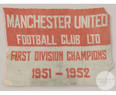 Manchester United large official red and white 1951-1952 First Division Champions flag with stitched lettering MANCHESTER UNI