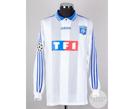 Lilian Laslandes white and  blue No.9 Auxerre v. Rangers Champions League long-sleeved shirt, 1996, Adidas, XL with button-up