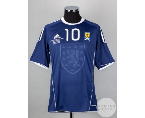James Morrison blue and white No.10 Scotland v. Brazil short-sleeved shirt, 2011, Adidas, L with crew-neck collar and embroid