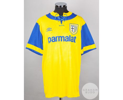 Yellow and blue No.3 Parma short-sleeved shirt, 1994, Umbro, XL with lace-up collar and embroidered cloth badge inscribed PAR