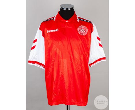 Red and white No.15 Denmark&nbsp;v. Scotland short-sleeved shirt, 1996, Hummel, L with button-up collar and printed badge  In