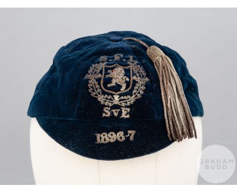 Tommy Law blue Scottish Football League v. English League cap, 1896-97 blue velvet cap with silver tassel and inscribed S.F.L