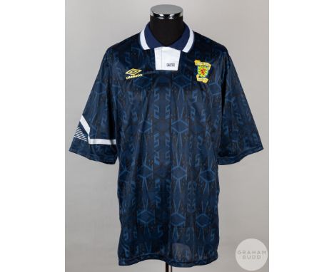 Blue and white No.19 Scotland international short-sleeved shirt, 1991-94, Umbro, XL with button-up collar and embroidered clo