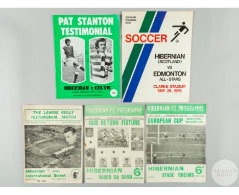 Five Hibernian match programmes comprising Stade Rheims, European Cup semi-final, 2nd leg, 18th April 1956, Vasco Da Gama, 30