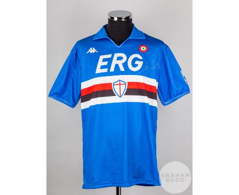 Blue No.8 Sampdoria short-sleeved shirt, 1989-90, Kappa with v-neck collar and embroidered cloth badge, the left sleeve with 