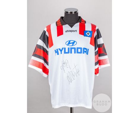 Jorg Albertz white and red No.22 Hamburg short-sleeved shirt, 1995-96, Uhlsport, 50-52 with v-neck collar and printed badge, 