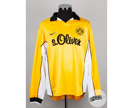 Andreas Moller yellow and black No.10 Borussia Dortmund v. Rangers long-sleeved shirt, 1999-2000, Nike, L with v-neck collar 