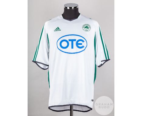 Sotirios Kirgiakos white Panathinaikos v. Rangers short-sleeved shirt, 2003, Adidas, L with crew-neck collar and printed badg