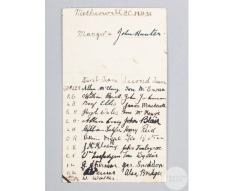 Motherwell F.C. autographed postcard, 1931-32 the card autographed by the first and second team including Ellis, Wales, Craig