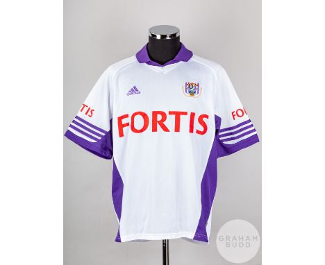 White and purple No.15 Anderlecht v. Rangers John Brown Testimonial short-sleeved shirt, 2001, Adidas, XL with v-neck collar 