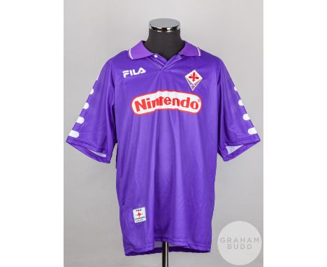 Lorenzo Amoruso purple No.5 Fiorentina short-sleeved shirt, 1999-2000, Fila, XL with button-up collar and embroidered cloth b