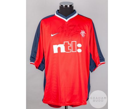 Colin Hendry red and blue No.16 Rangers short-sleeved shirt, 1999-2000, Nike, XL with v-neck collar and embroidered badge ins