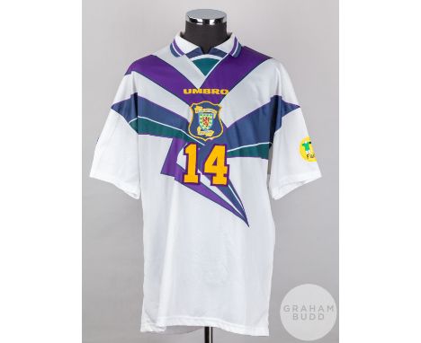 Gordon Durie white and purple No.14 Scotland Euro 96 match issued short-sleeved shirt, 1996, Umbro, XL with v-neck collar and