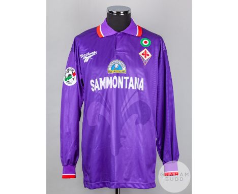 Stefan Schwarz purple and red No.7 Fiorentina long-sleeved shirt, 1996-97, Reebok, XL with button-up collar and embroidered b