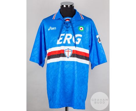 Marco Rossi blue No.3 Sampdoria v. Rangers Ibrox Tournament short-sleeved shirt, 1994, Asics, XXL with lace-up collar and emb
